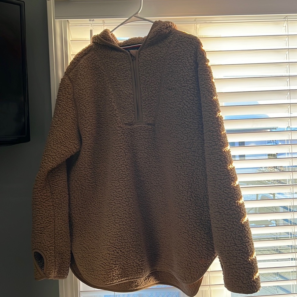 1/2 zip Fleece Tommy Hilfiger Hoodie. Tan. Size Large